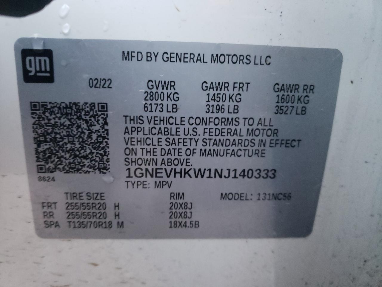 2022 CHEVROLET TRAVERSE LT VIN:1GNEVHKW1NJ140333