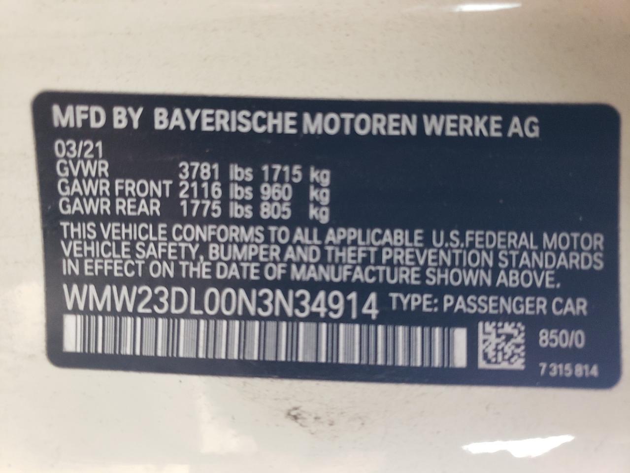 2022 MINI COOPER  VIN:WMW23DL00N3N34914