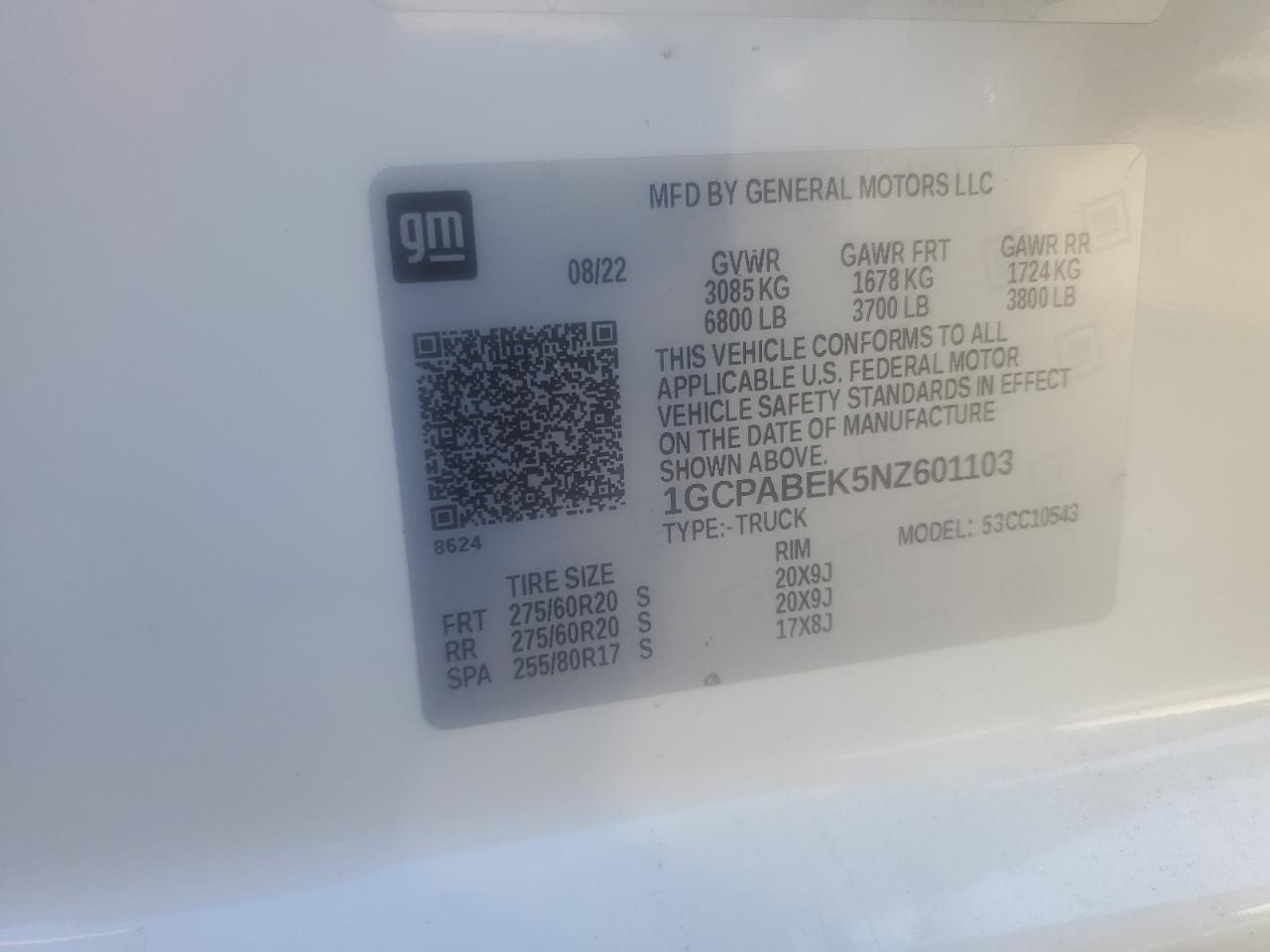 2022 CHEVROLET SILVERADO C1500 CUSTOM VIN:1GCPABEK5NZ601103