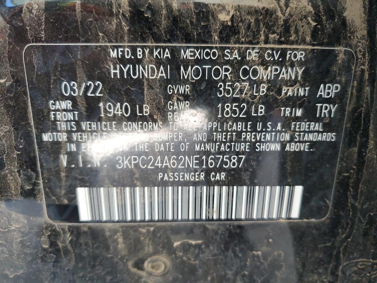 2022 HYUNDAI ACCENT SE VIN:3KPC24A62NE167587