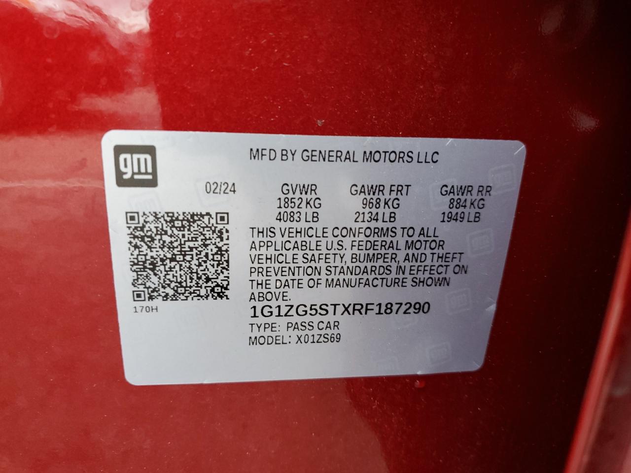 2024 CHEVROLET MALIBU RS VIN:1G1ZG5STXRF187290