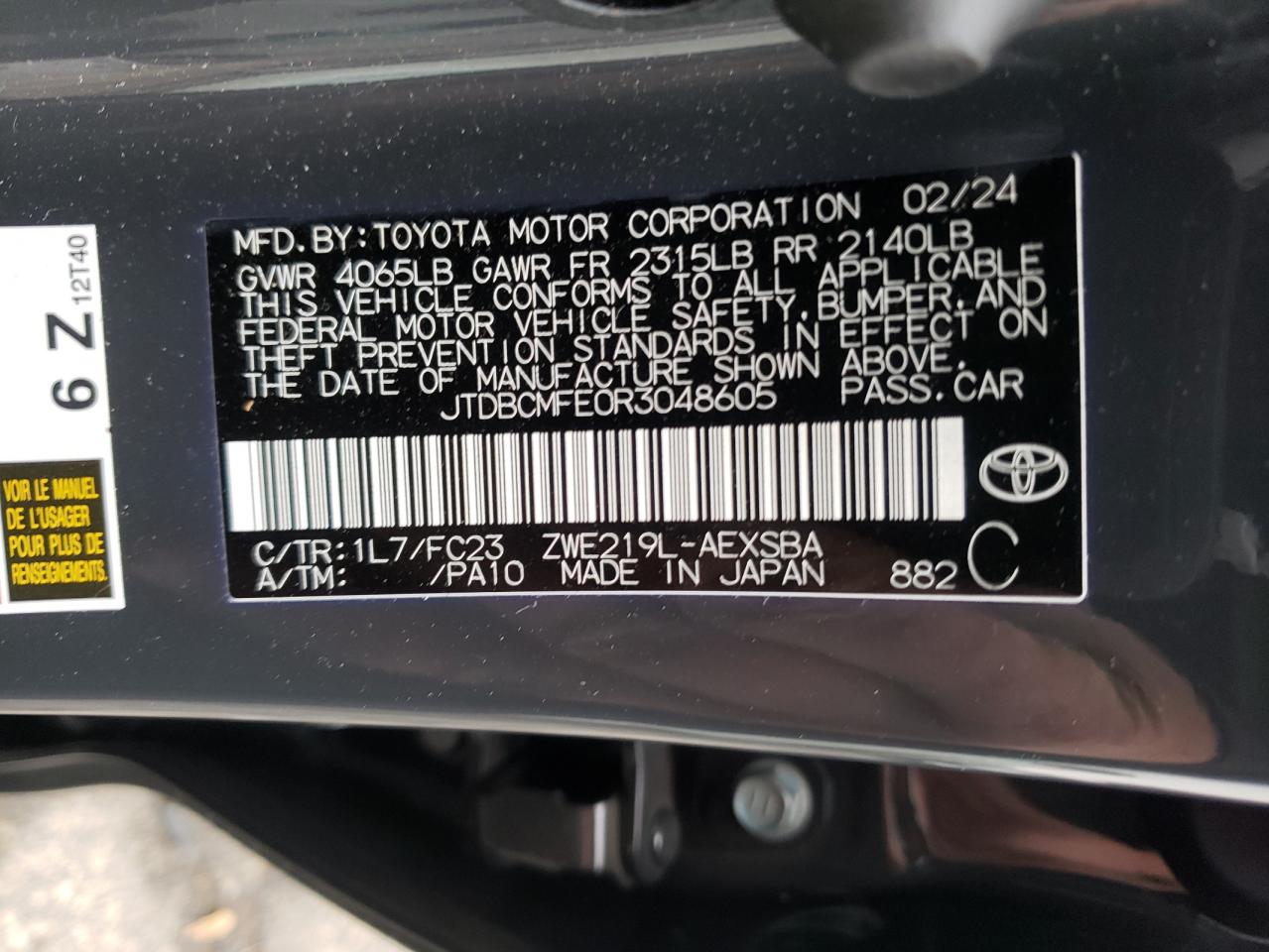 2024 TOYOTA COROLLA LE VIN:JTDBCMFE0R3048605