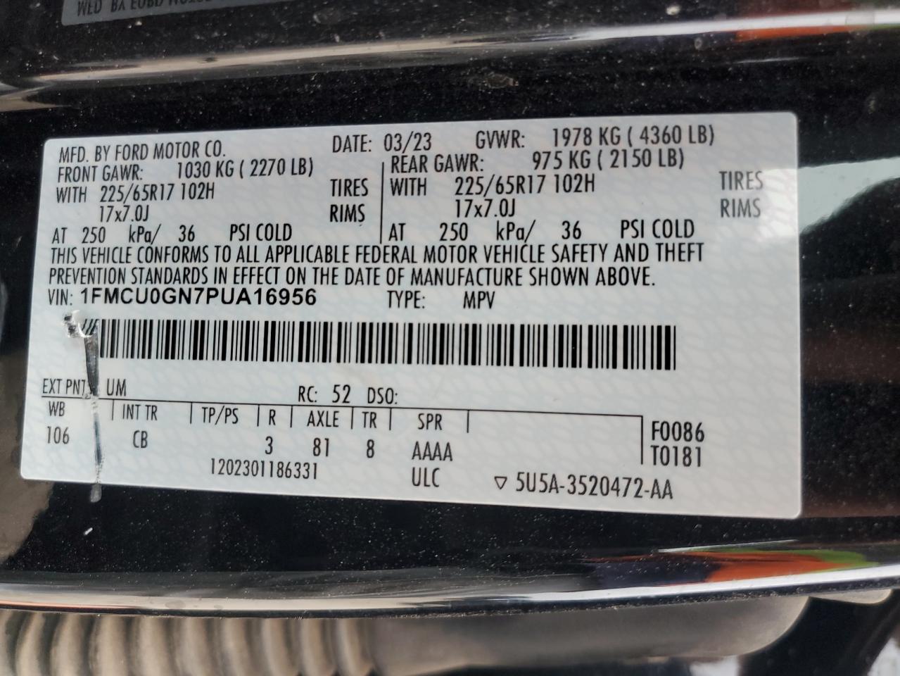 2023 FORD ESCAPE ACTIVE VIN:1FMCU0GN7PUA16956