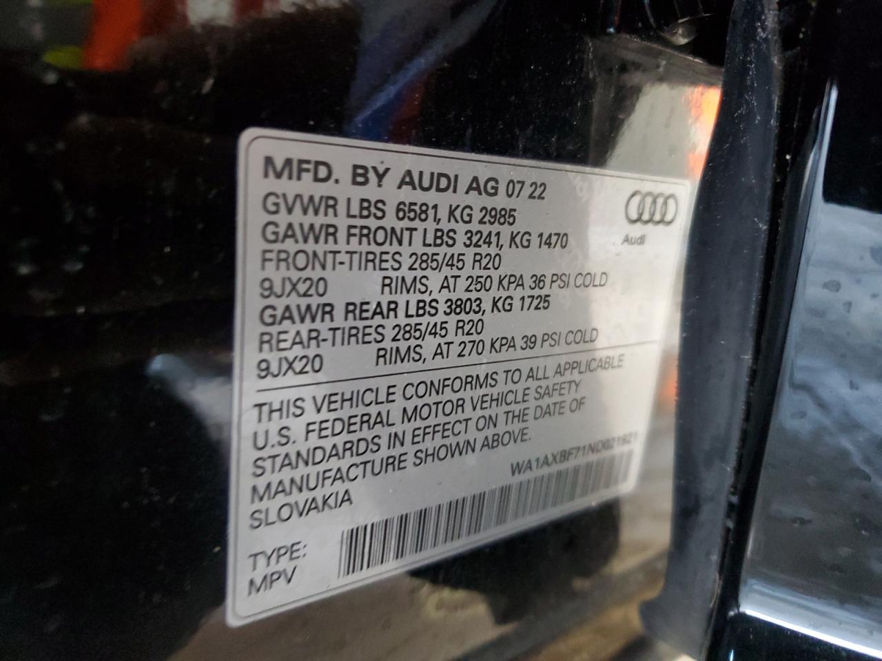2022 AUDI Q7 PREMIUM VIN:WA1AXBF71ND021921