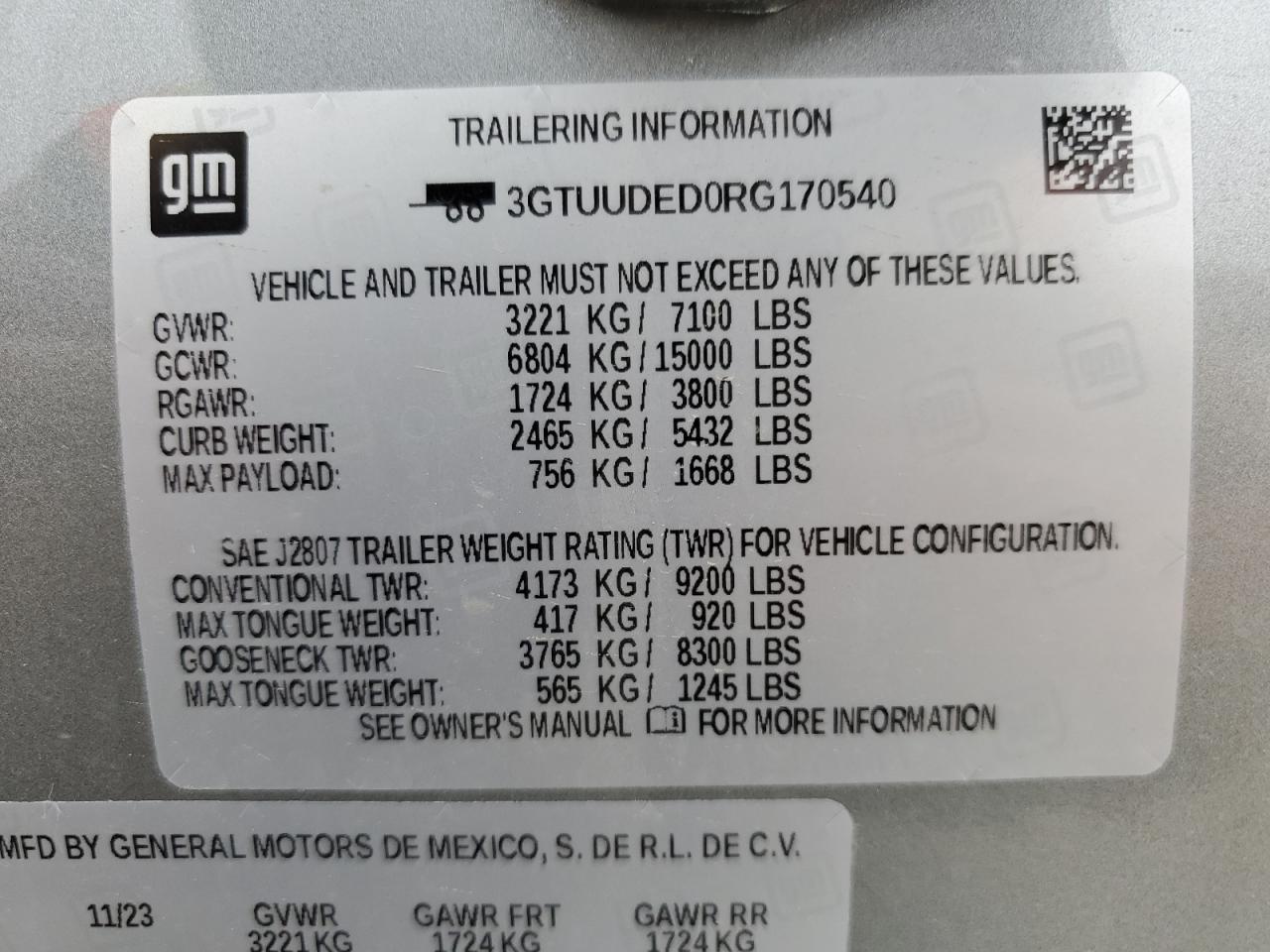 2024 GMC SIERRA K1500 SLT VIN:3GTUUDED0RG170540