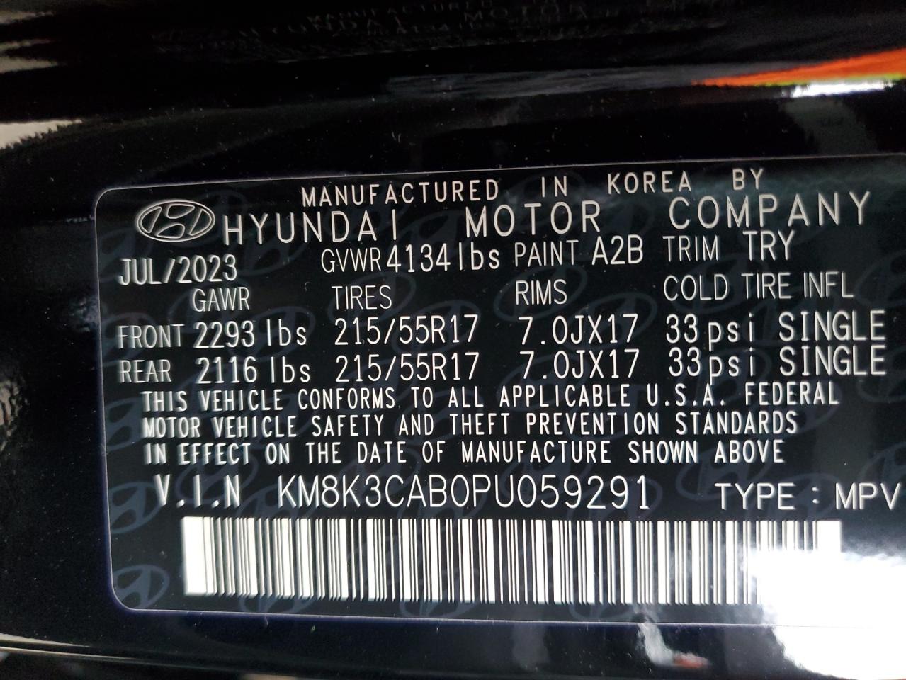 2023 HYUNDAI KONA SEL VIN:KM8K3CAB0PU059291