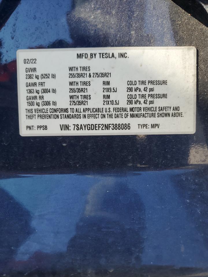 2022 TESLA MODEL Y  VIN:7SAYGDEF2NF388086
