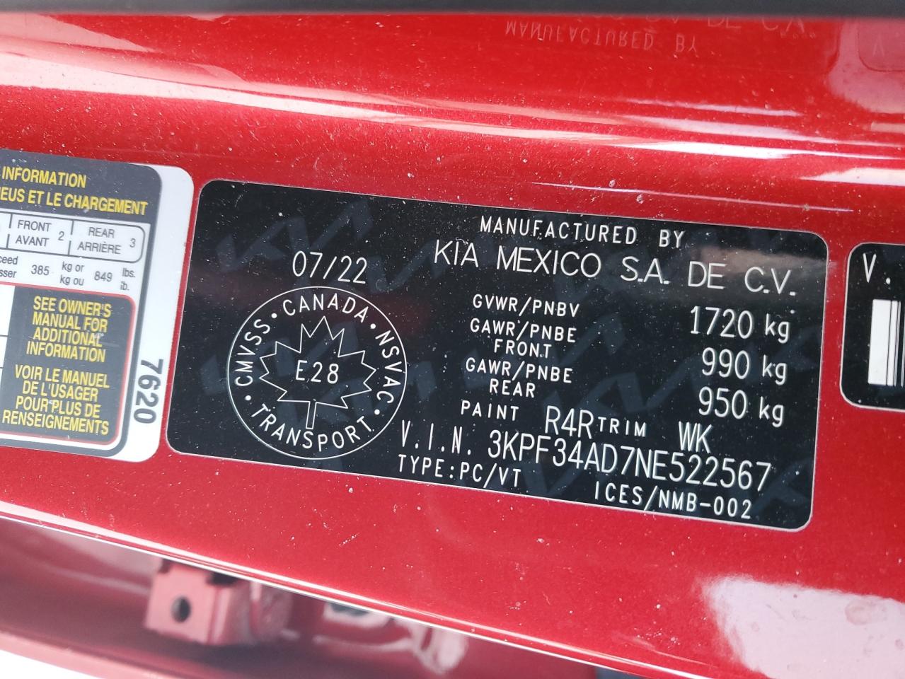 2022 KIA FORTE GT LINE VIN:3KPF34AD7NE522567
