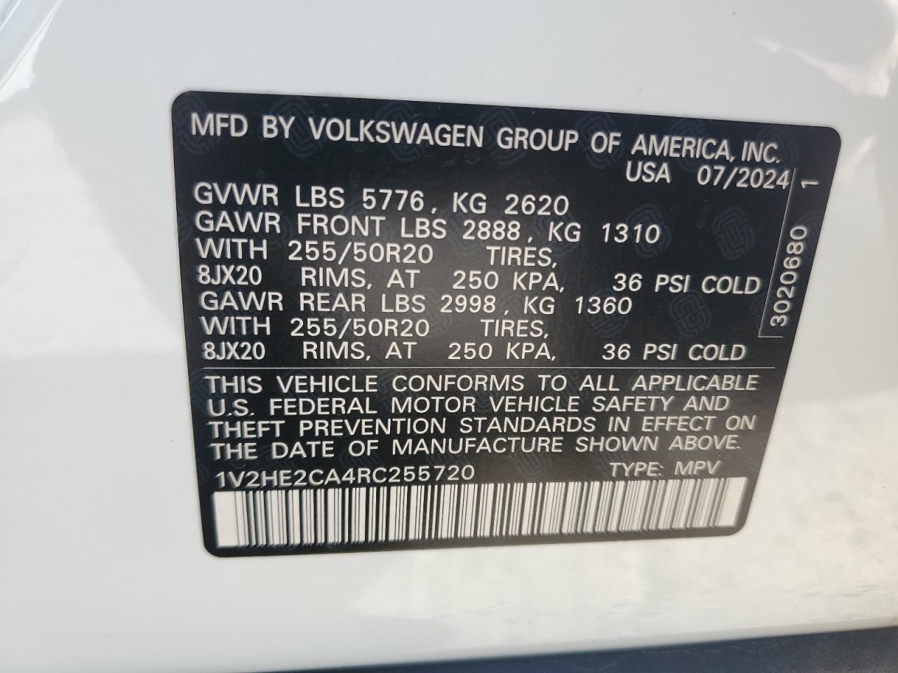 2024 VOLKSWAGEN ATLAS CROSS SPORT SE VIN:1V2HE2CA4RC255720