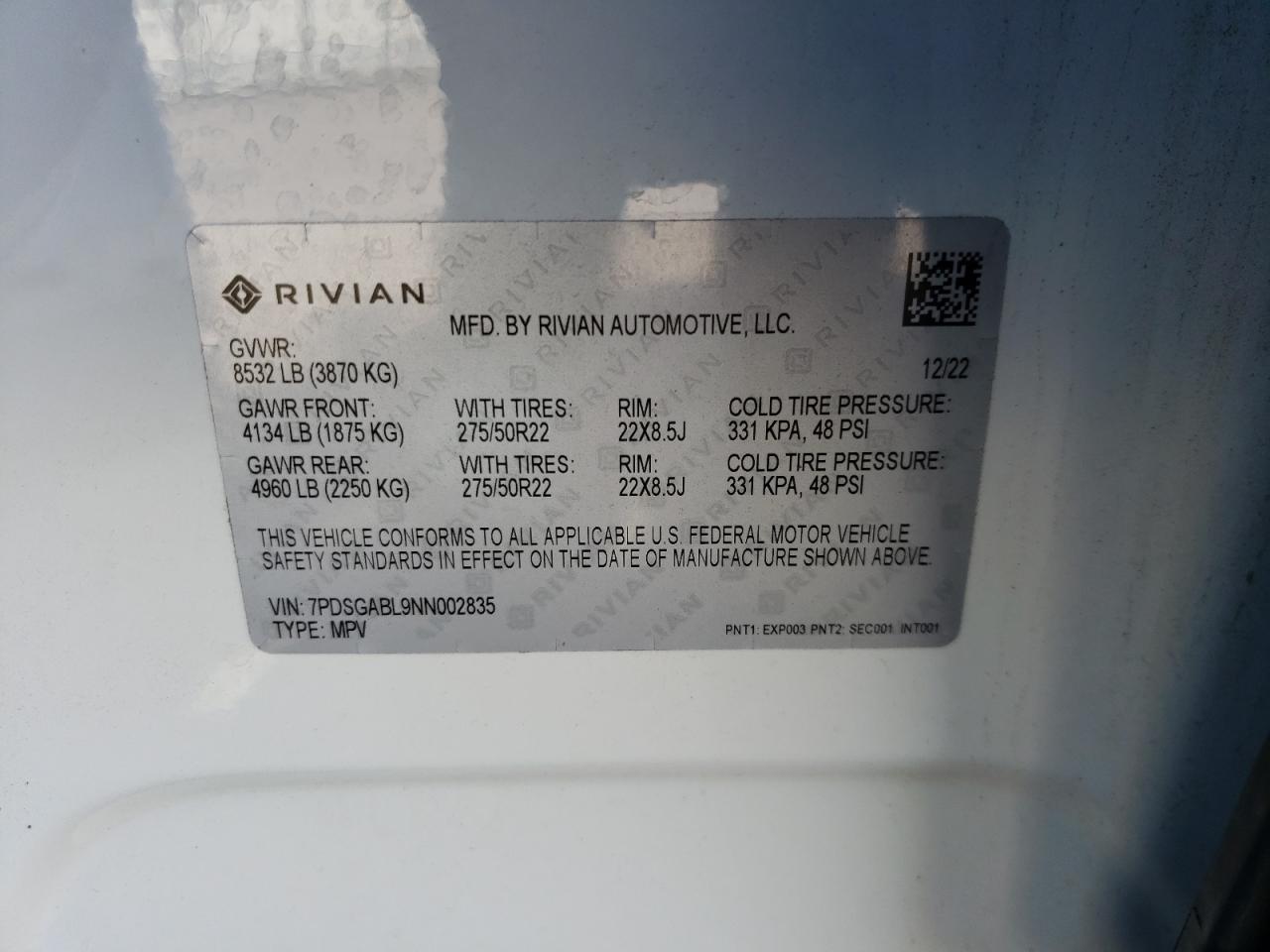 2022 RIVIAN R1S LAUNCH EDITION VIN:7PDSGABL9NN002835