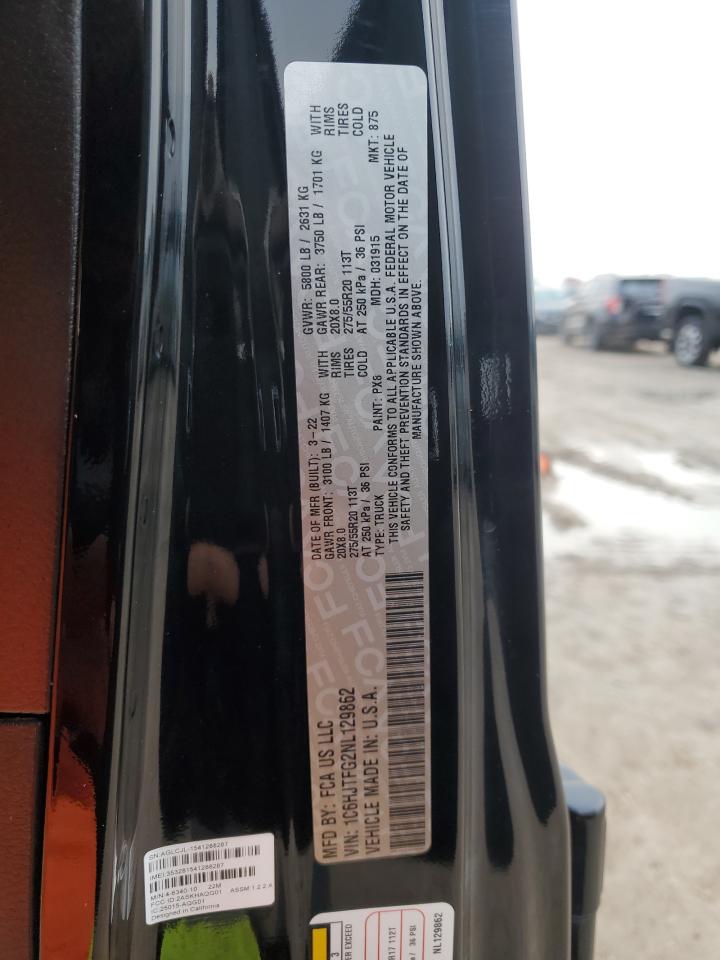 2022 JEEP GLADIATOR OVERLAND VIN:1C6HJTFG2NL129862