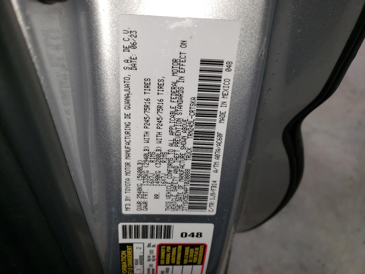 2023 TOYOTA TACOMA ACCESS CAB VIN:3TYSX5EN4PT020088