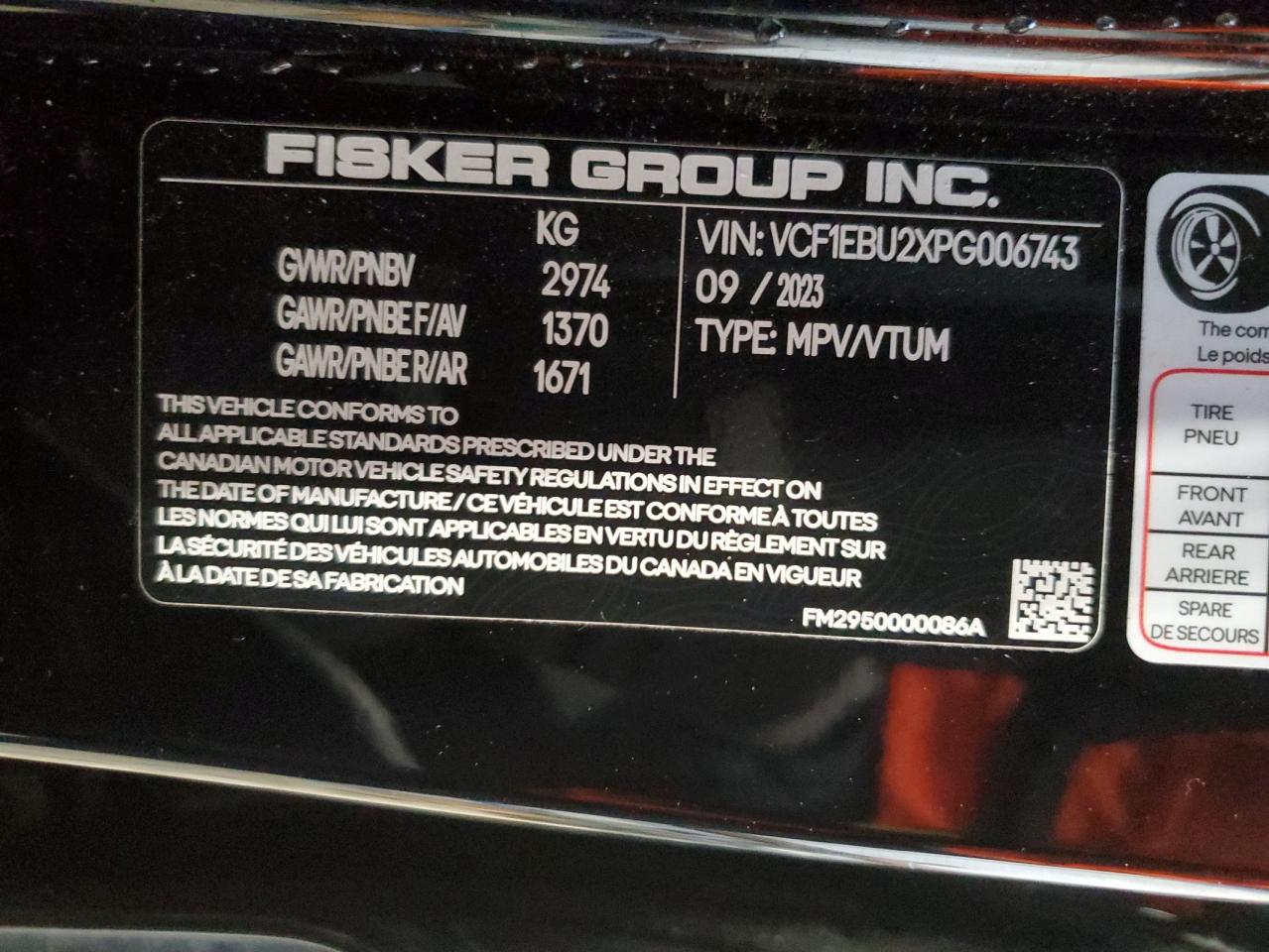 2023 FISKER INC. OCEAN EXTREME VIN:VCF1EBU2XPG006743