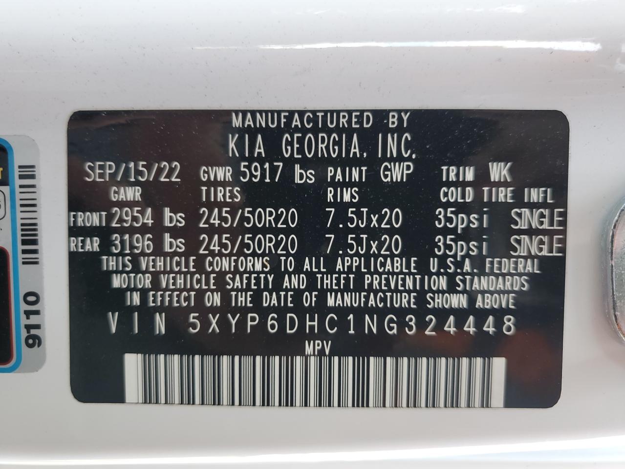 2022 KIA TELLURIDE S VIN:5XYP6DHC1NG324448