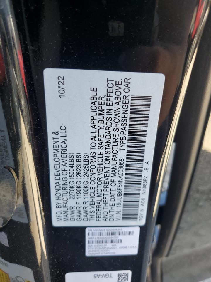 2022 ACURA TLX TECH A VIN:19UUB6F54NA003858