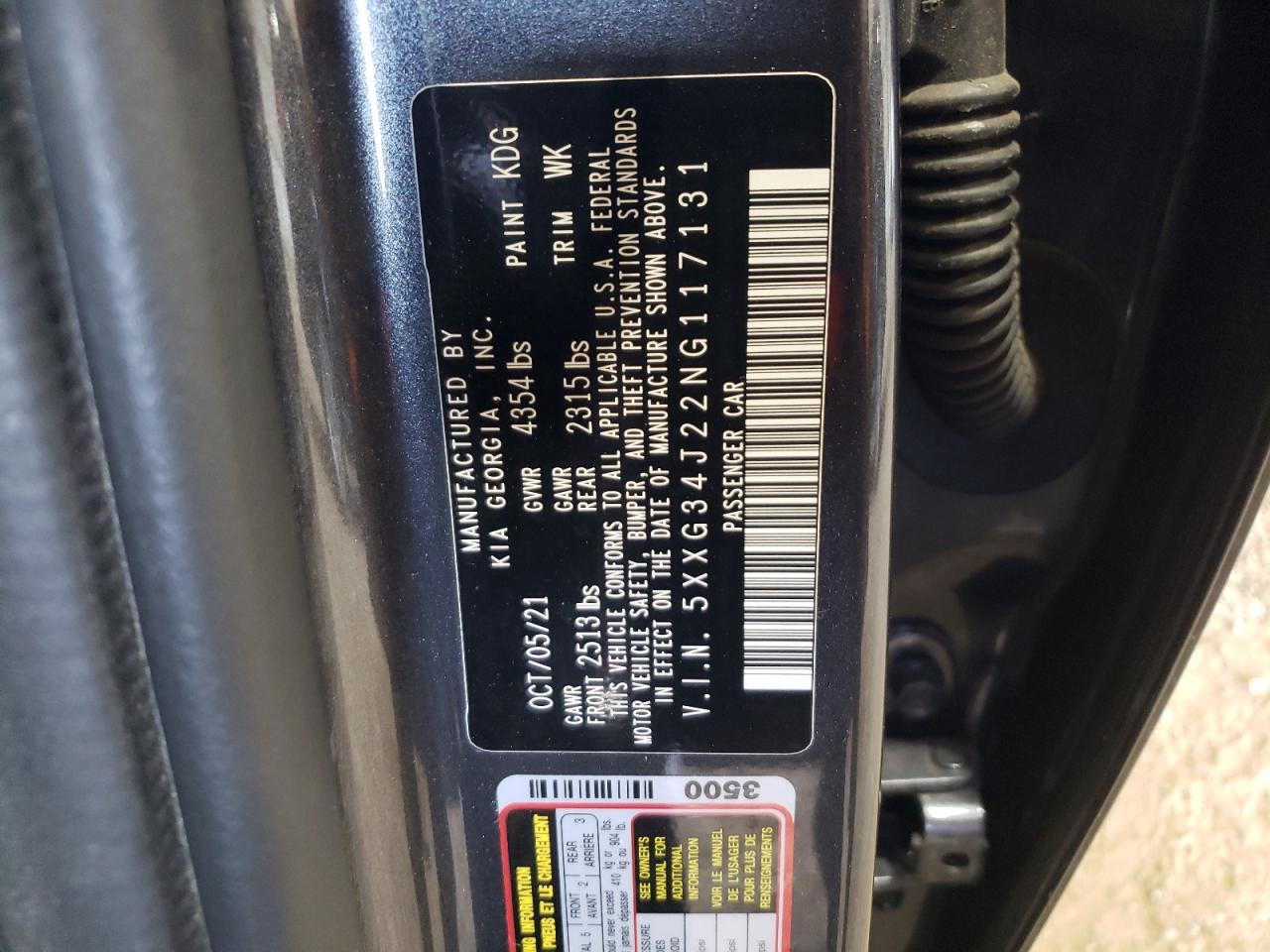 2022 KIA K5 EX VIN:5XXG34J22NG117131