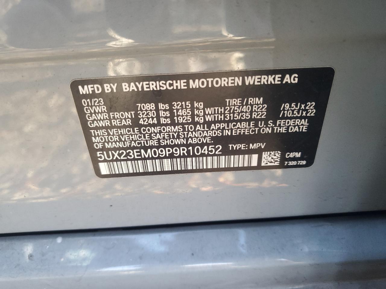 2023 BMW X7 XDRIVE40I VIN:5UX23EM09P9R10452