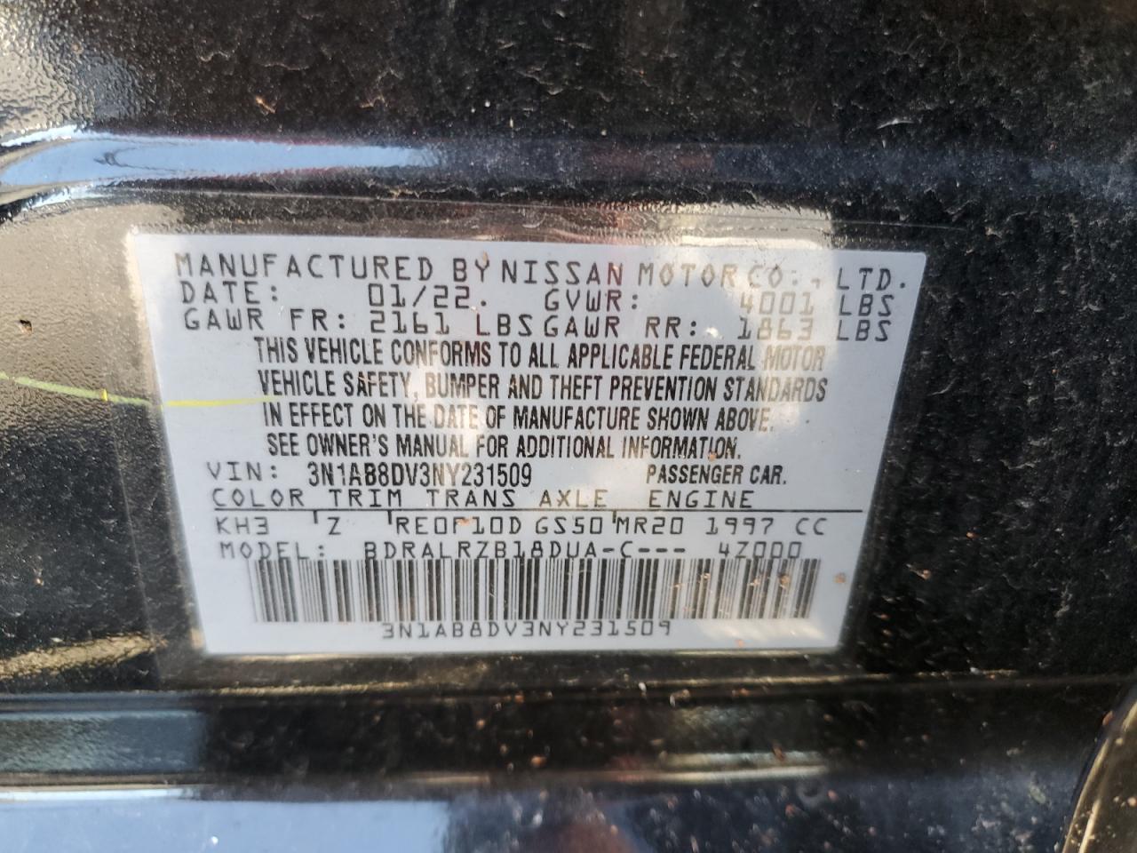 2022 NISSAN SENTRA SR VIN:3N1AB8DV3NY231509