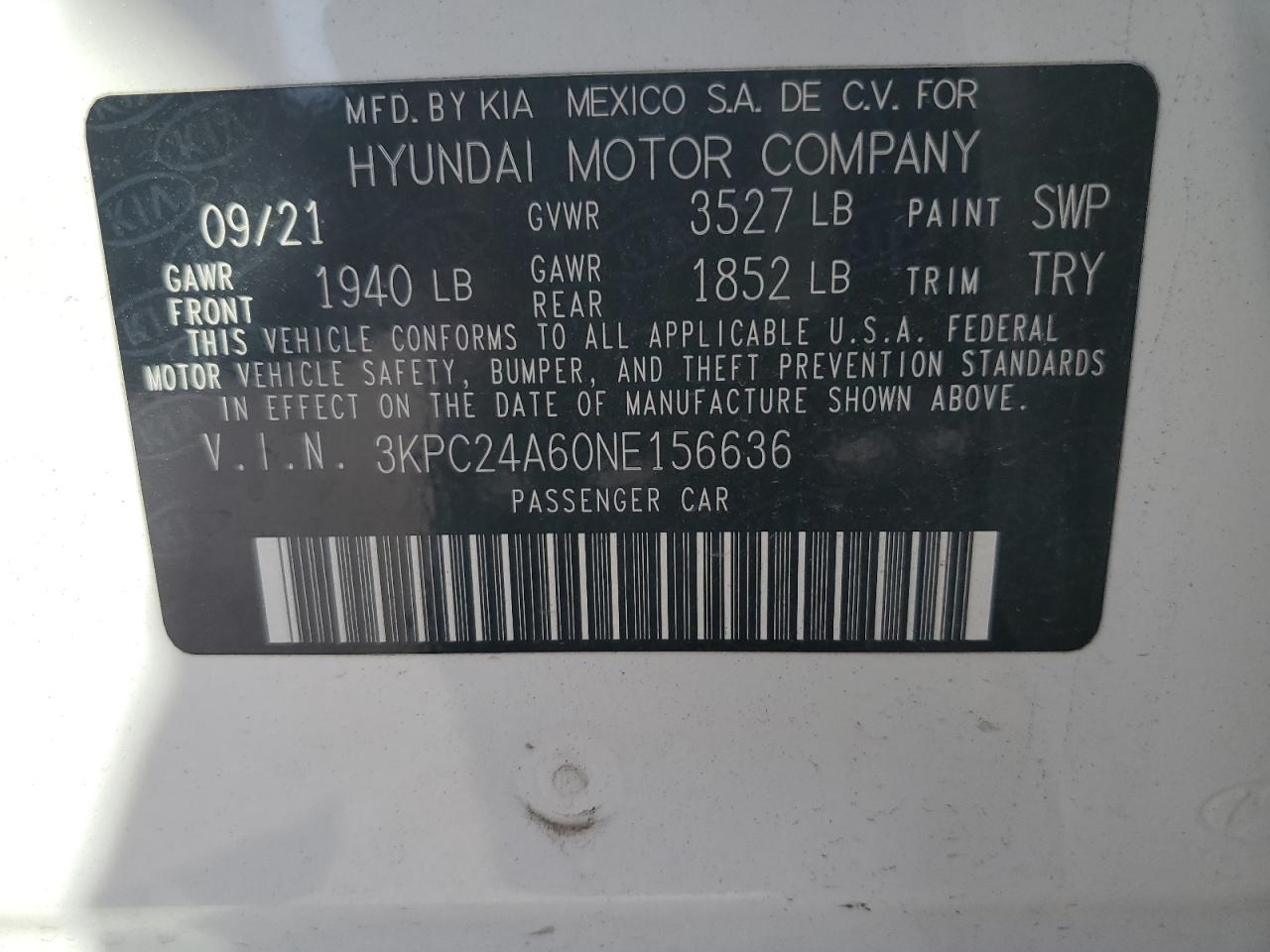 2022 HYUNDAI ACCENT SE VIN:3KPC24A60NE156636