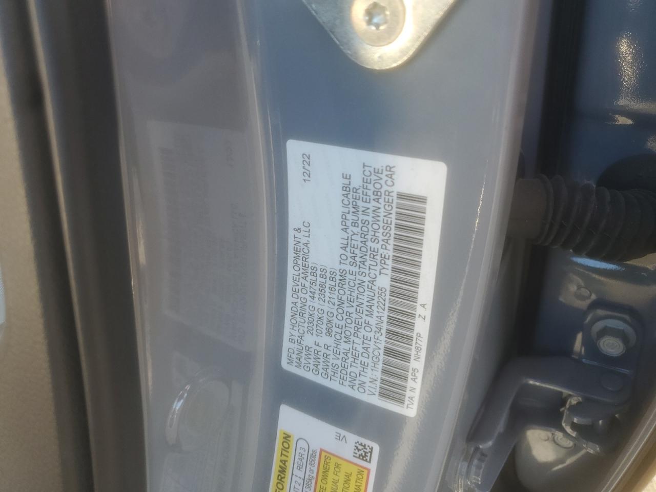 2022 HONDA ACCORD SPORT VIN:1HGCV1F34NA122255