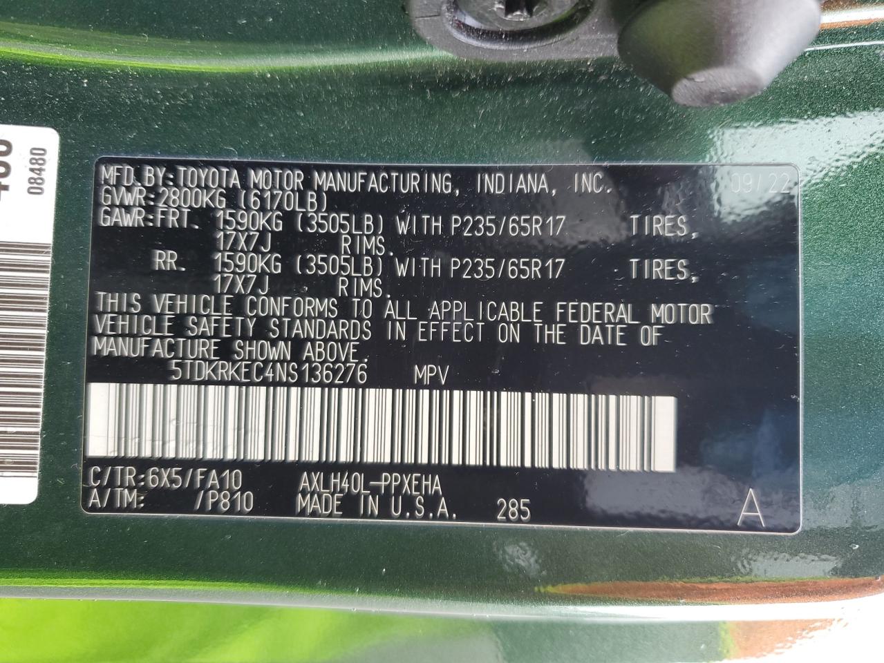 2022 TOYOTA SIENNA LE VIN:5TDKRKEC4NS136276