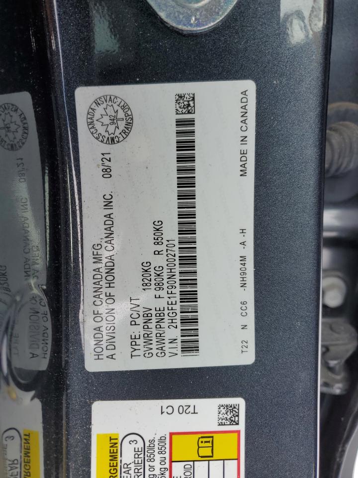 2022 HONDA CIVIC TOURING VIN:2HGFE1F90NH002701