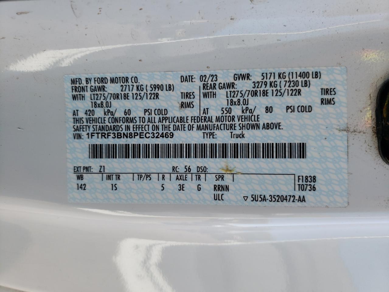 2023 FORD F350 SUPER DUTY VIN:1FTRF3BN8PEC32469