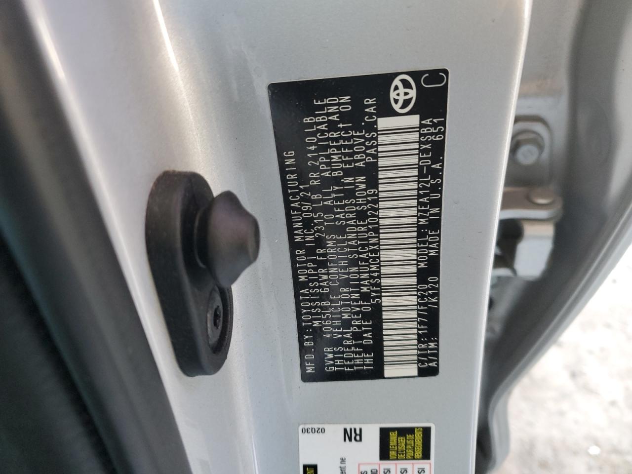 2022 TOYOTA COROLLA SE VIN:5YFS4MCEXNP102219