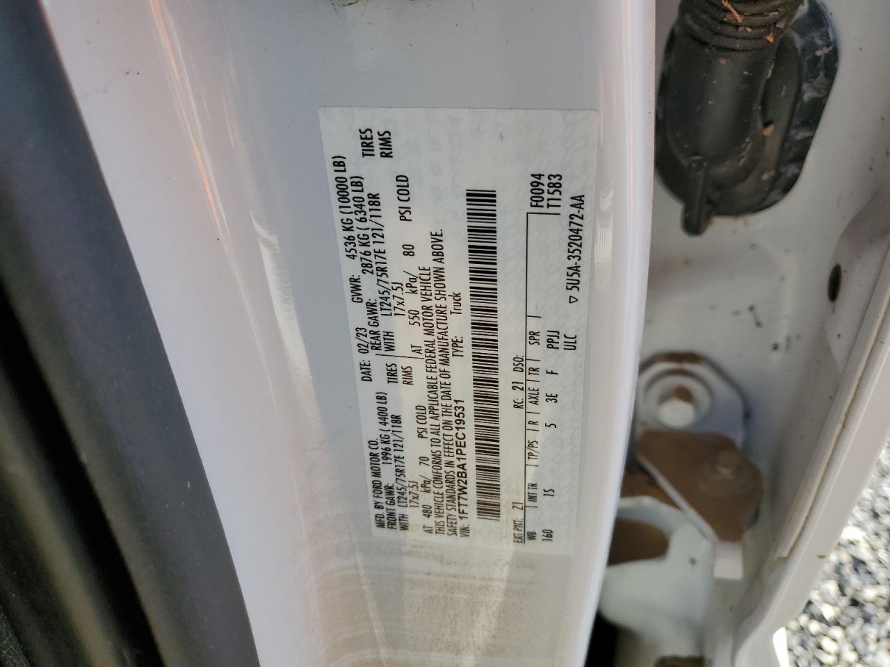 2023 FORD F250 SUPER DUTY VIN:1FT7W2BA1PEC19531