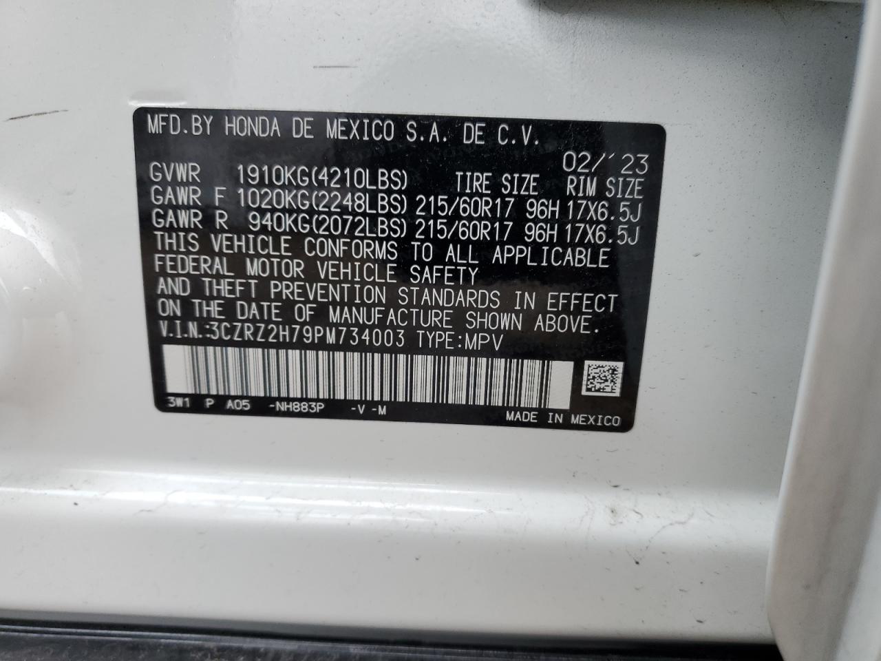 2023 HONDA HR-V EXL VIN:3CZRZ2H79PM734003