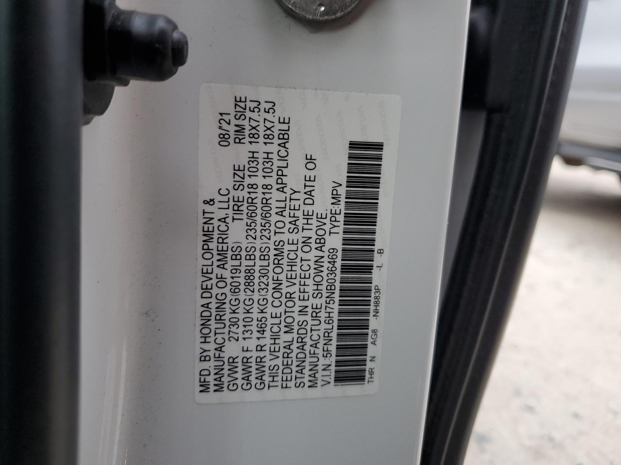 2022 HONDA ODYSSEY EXL VIN:5FNRL6H75NB036469