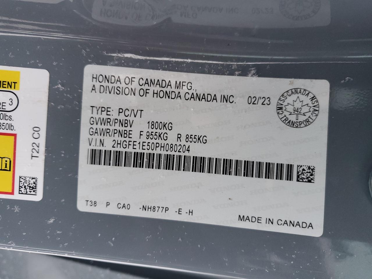 2023 HONDA CIVIC SI VIN:2HGFE1E50PH080204