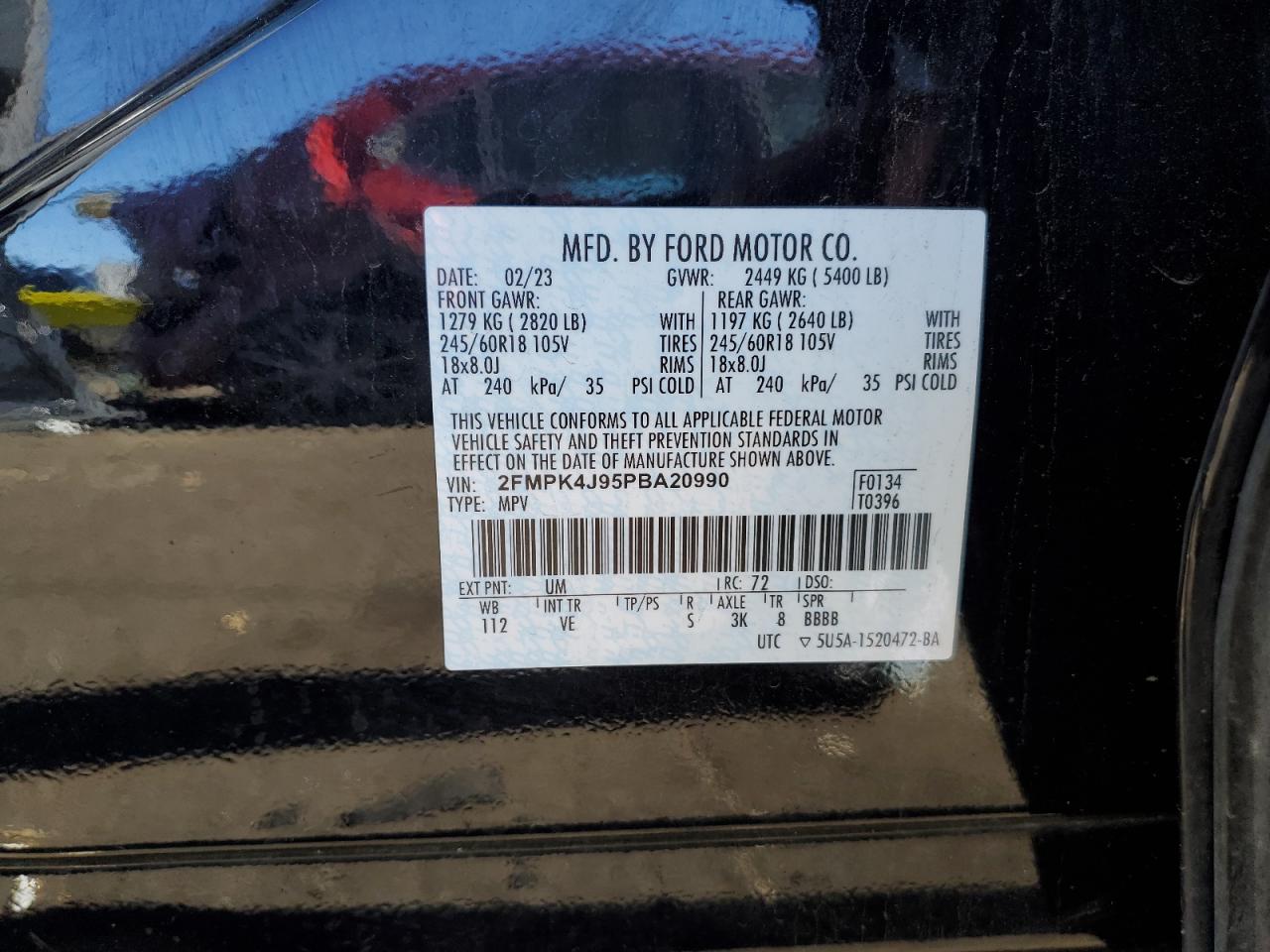 2023 FORD EDGE SEL VIN:2FMPK4J95PBA20990