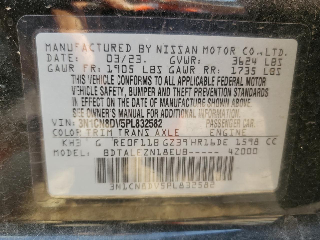 2023 NISSAN VERSA S VIN:3N1CN8DV5PL832582