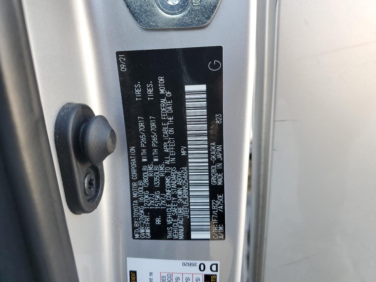 2022 TOYOTA 4RUNNER SR5 VIN:JTEFU5JR8N5254604