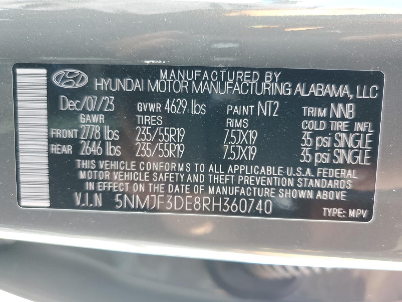 2024 HYUNDAI TUCSON SEL VIN:5NMJF3DE8RH360740