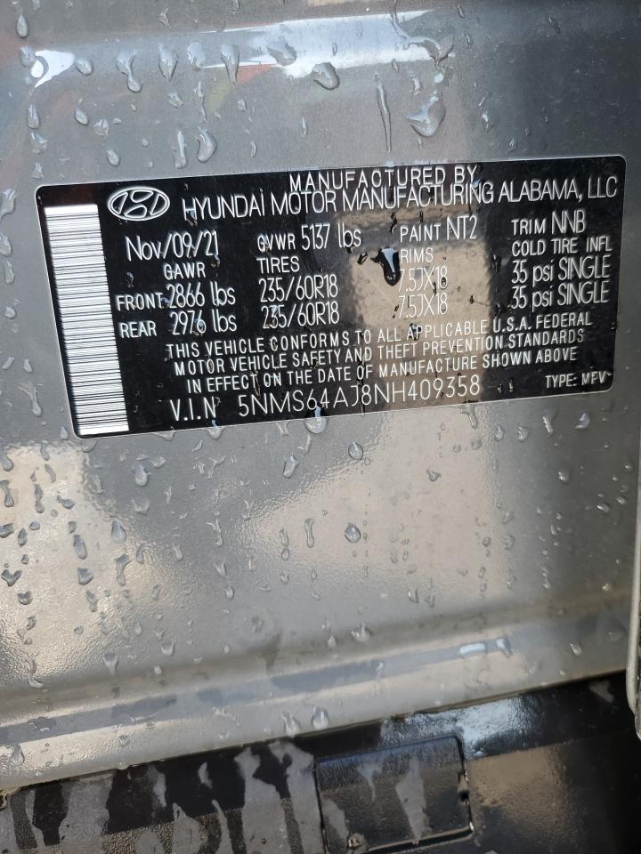 2022 HYUNDAI SANTA FE SEL VIN:5NMS64AJ8NH409358