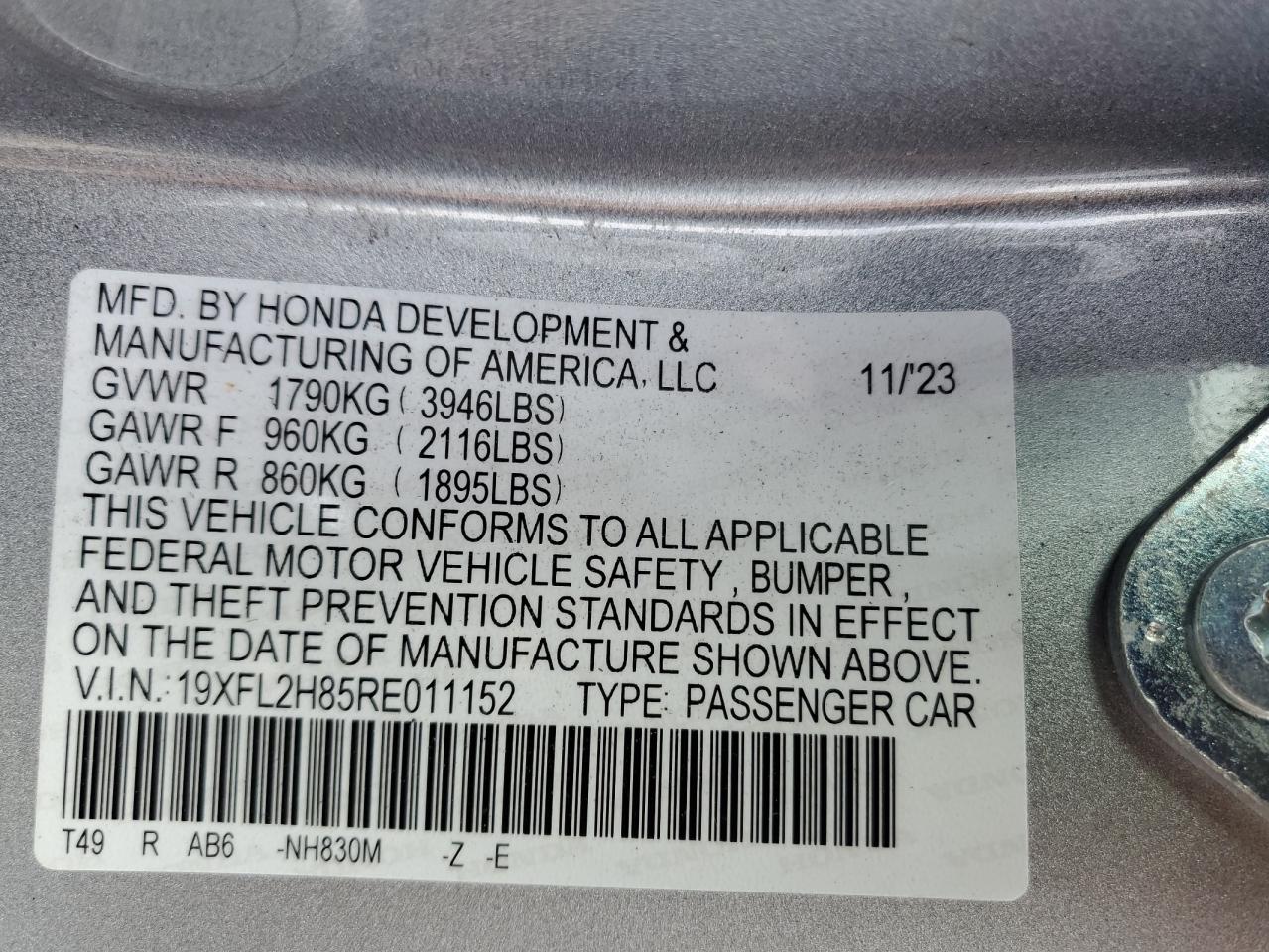 2024 HONDA CIVIC SPORT VIN:19XFL2H85RE011152