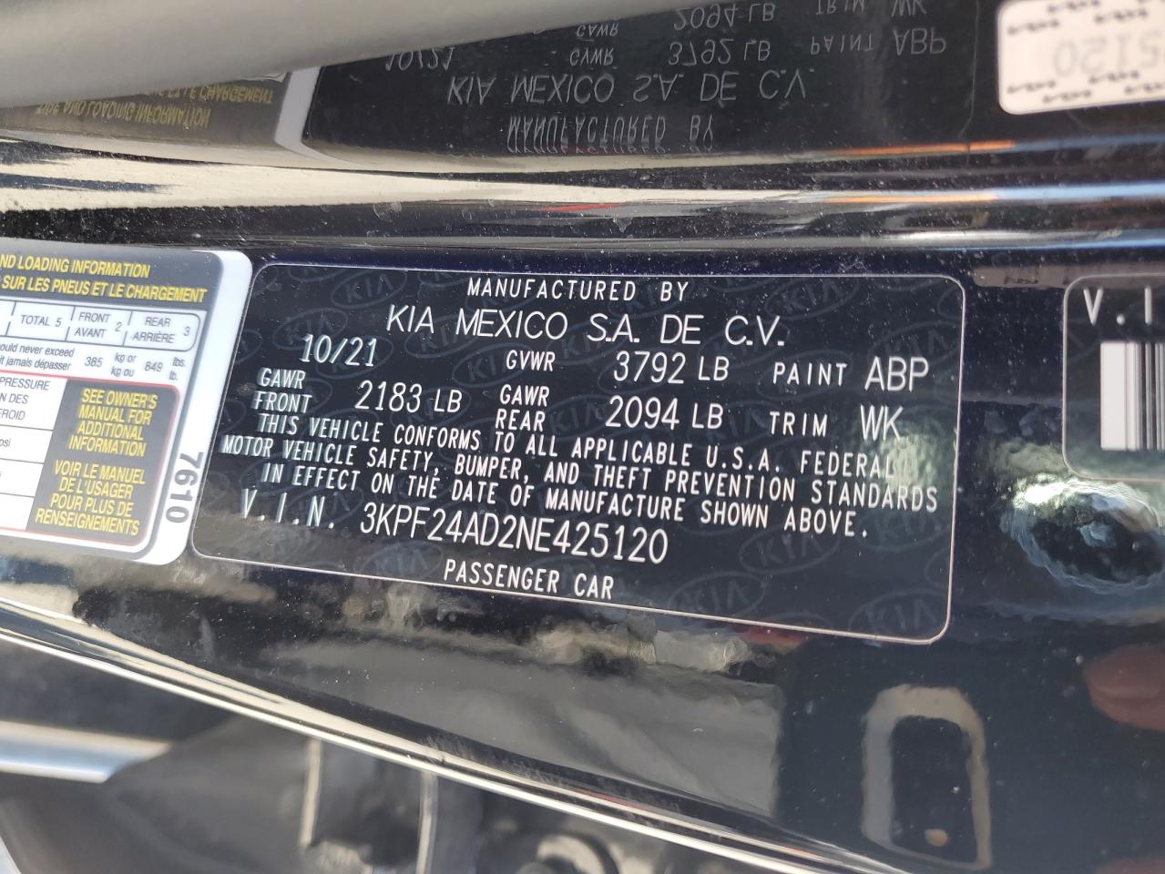 2022 KIA FORTE FE VIN:3KPF24AD2NE425120