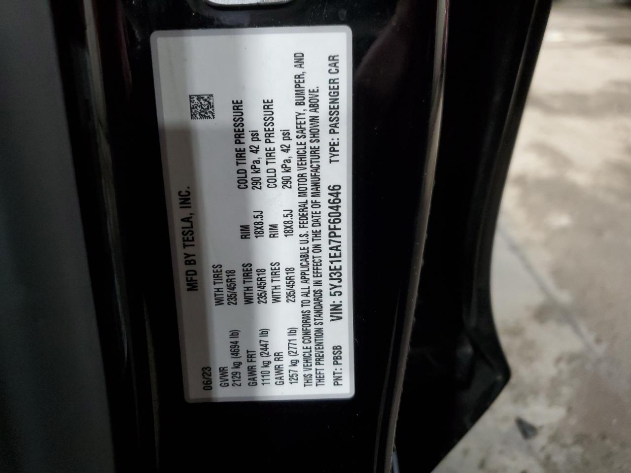 2023 TESLA MODEL 3  VIN:5YJ3E1EA7PF604646