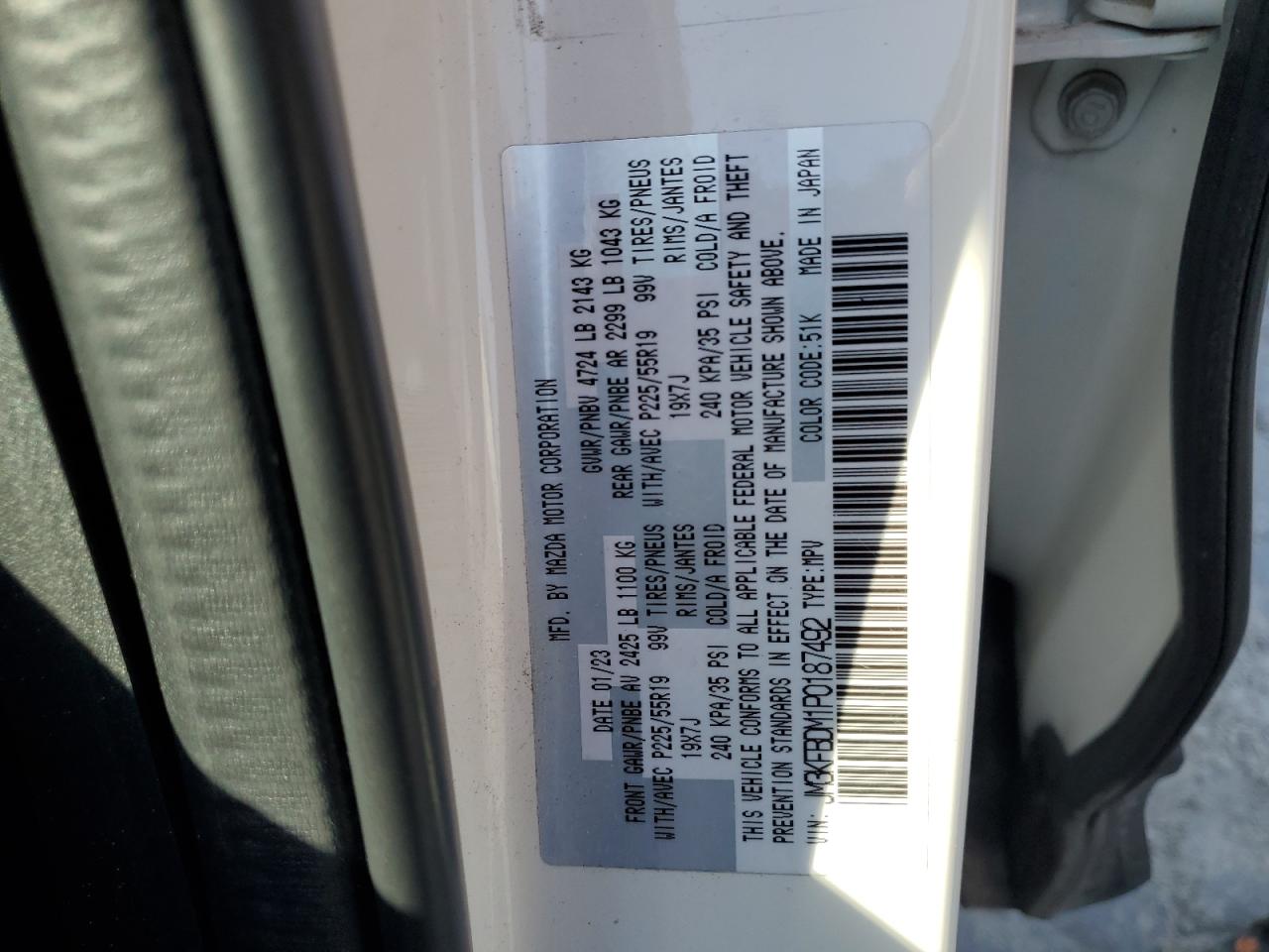 2023 MAZDA CX-5 PREMIUM VIN:JM3KFBDM1P0187492