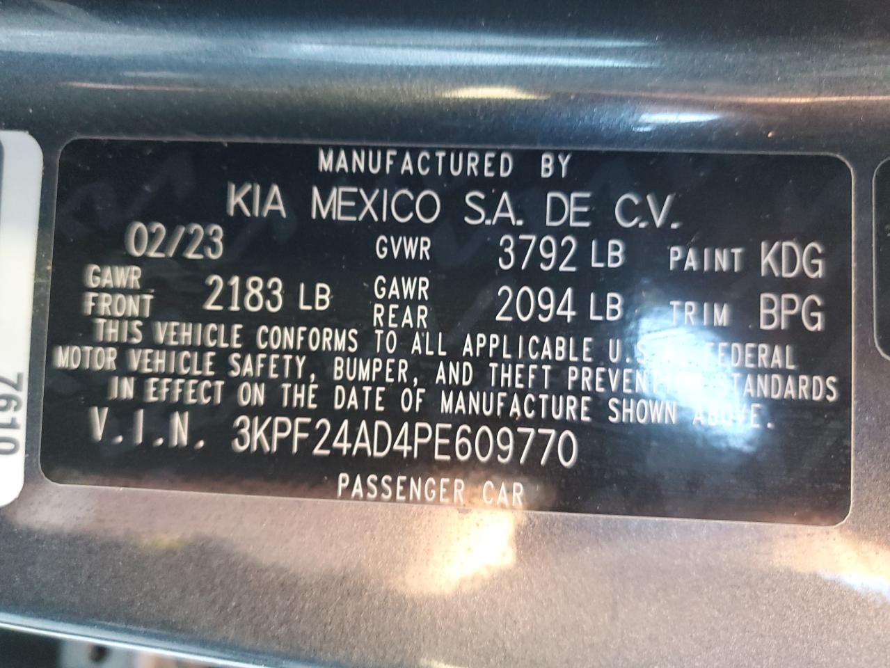 2023 KIA FORTE LX VIN:3KPF24AD4PE609770