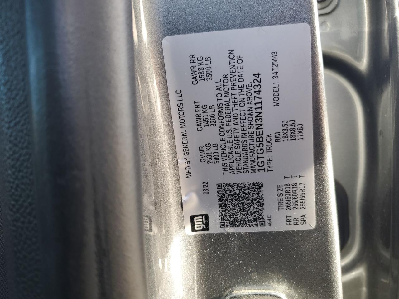 2022 GMC CANYON ELEVATION VIN:1GTG5BEN3N1174324