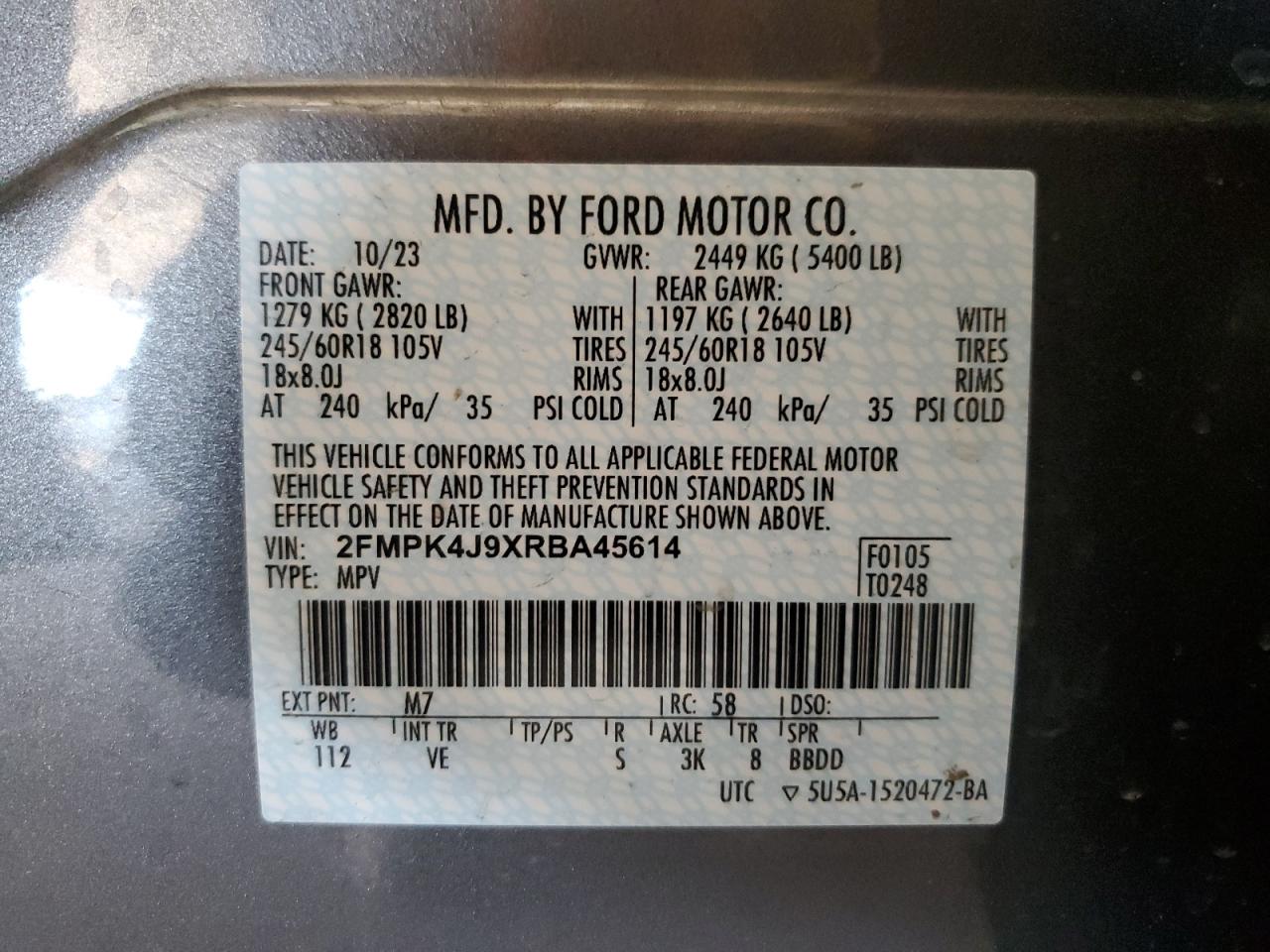 2024 FORD EDGE SEL VIN:2FMPK4J9XRBA45614