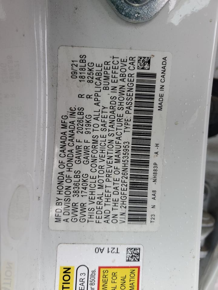 2022 HONDA CIVIC LX VIN:2HGFE2F26NH535953