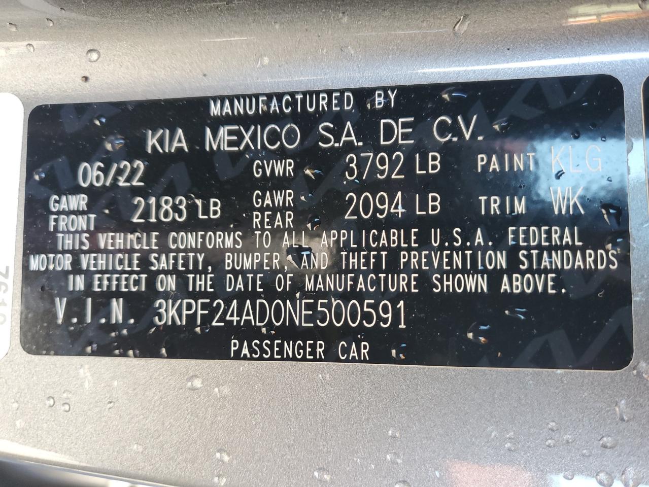 2022 KIA FORTE FE VIN:3KPF24AD0NE500591