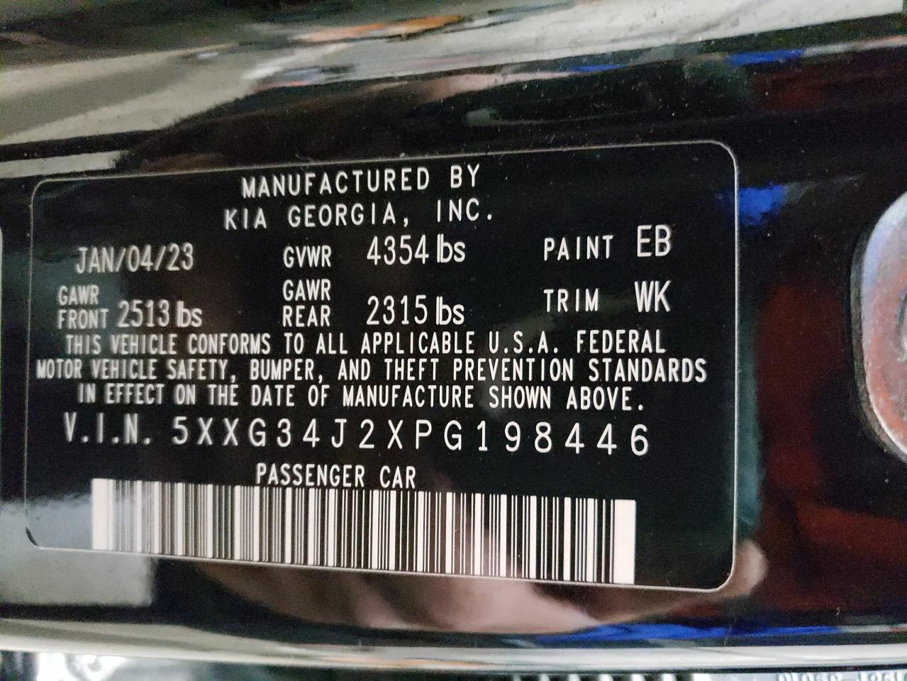 2023 KIA K5 EX VIN:5XXG34J2XPG198446