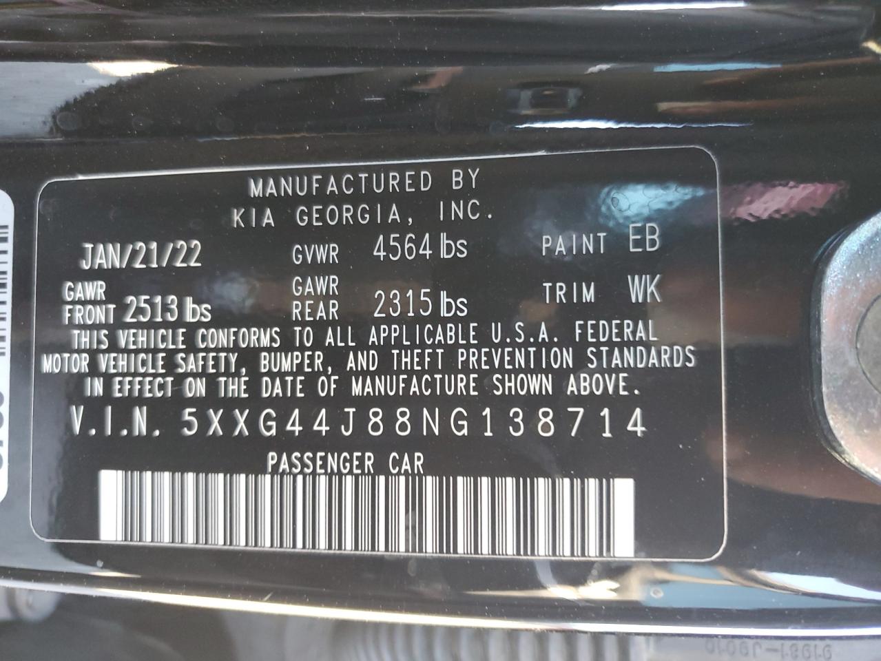 2022 KIA K5 GT VIN:5XXG44J88NG138714