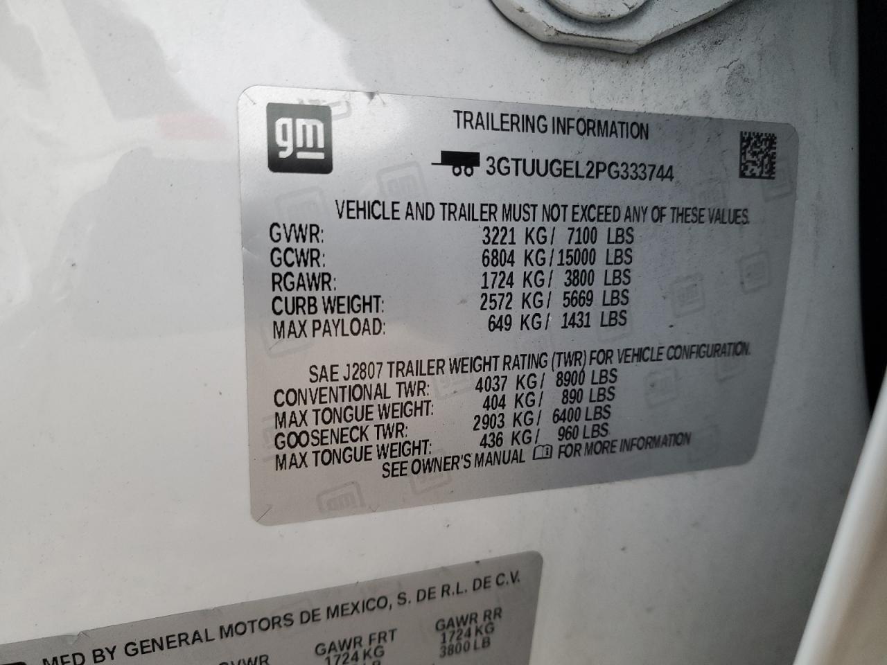 2023 GMC SIERRA K1500 DENALI VIN:3GTUUGEL2PG333744