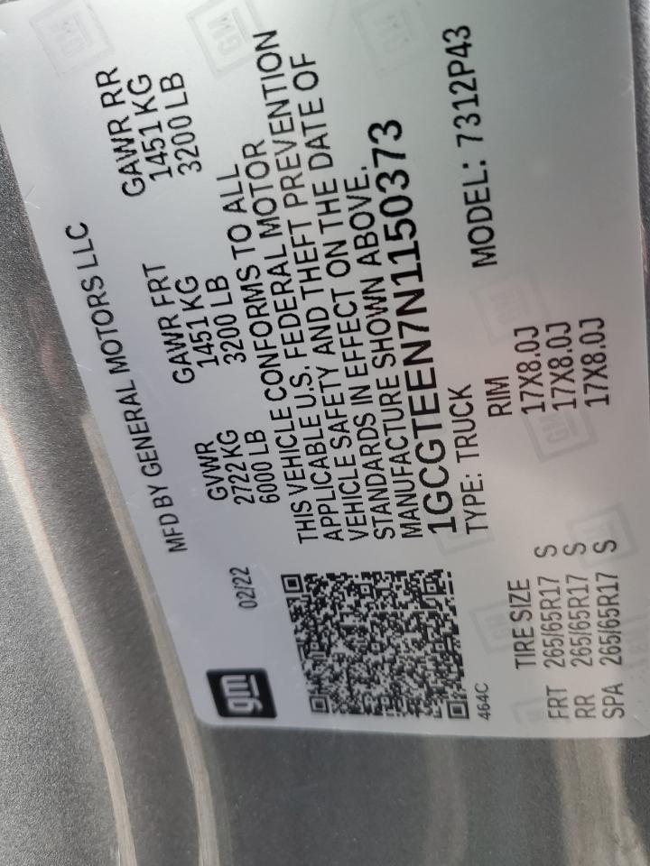 2022 CHEVROLET COLORADO ZR2 VIN:1GCGTEEN7N1150373